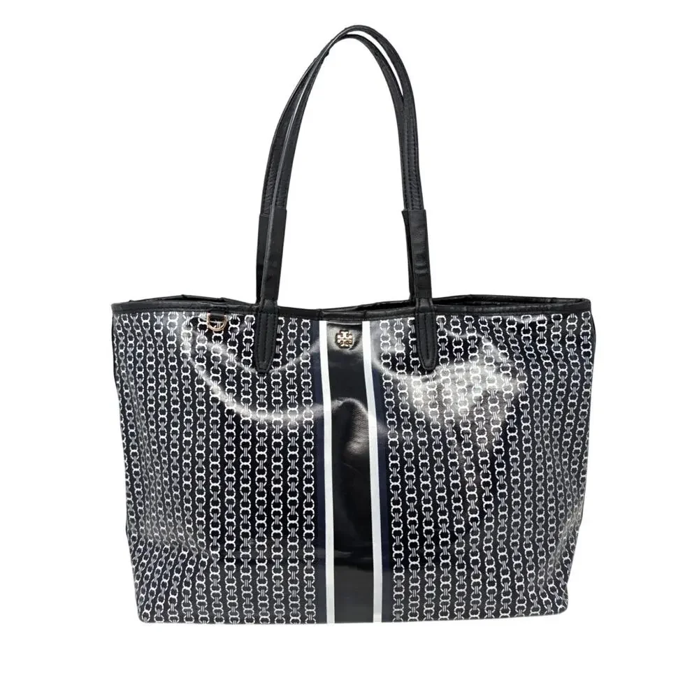 Tory Burch Gemini Link Tote Black Logo Print Coated Canvas Carryall